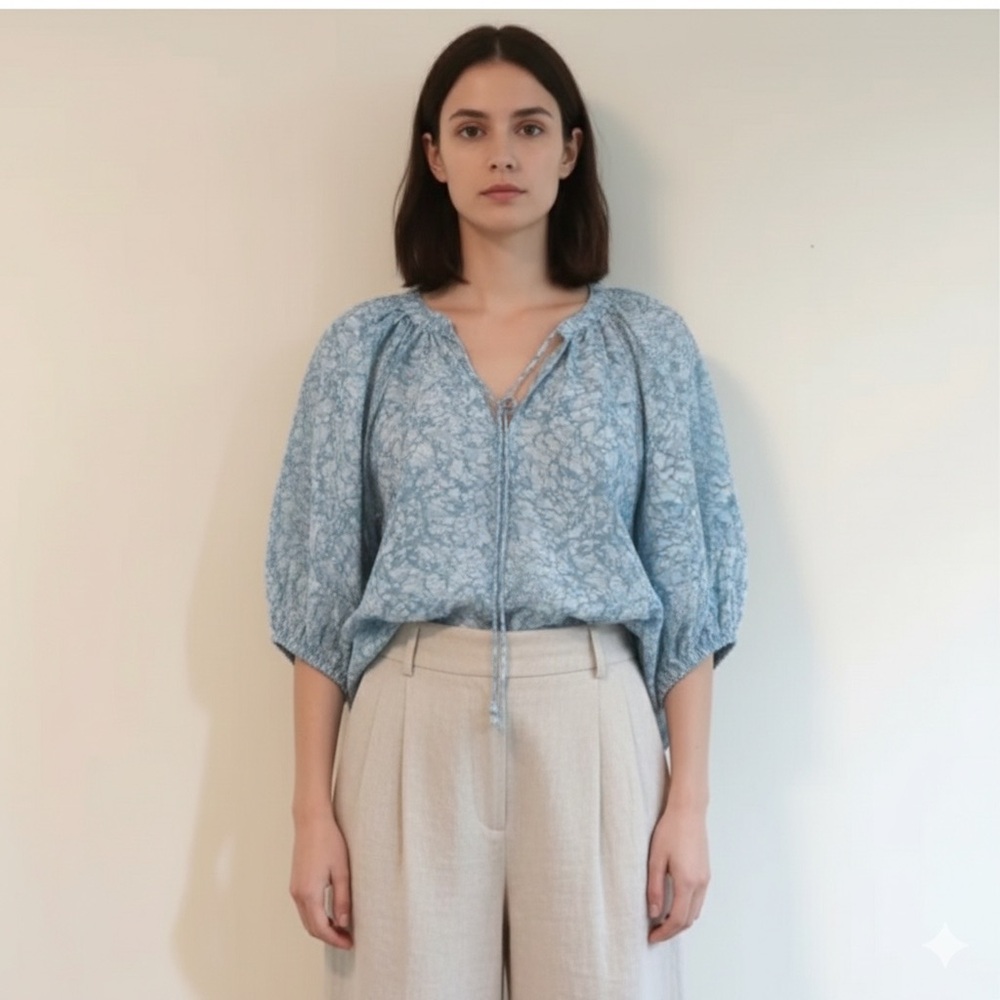 NWT House of Harlow 1960 Martime Seaglass Puff Sleeve Poplin Top